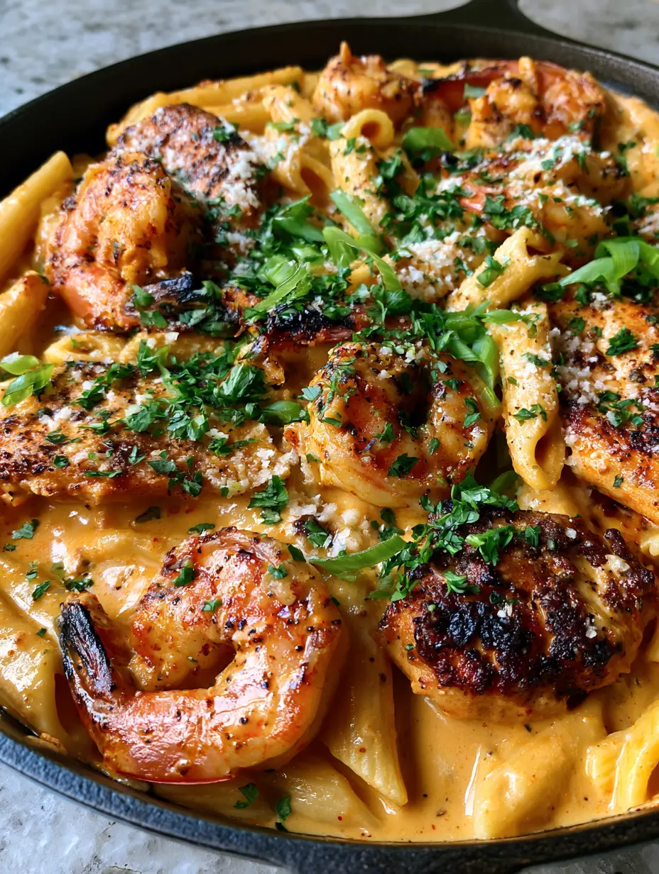 Cajun Chicken and Shrimp Penne: A Creamy Skillet Masterpiece 4 High-angle shot of Cajun chicken and shrimp penne showing thick sunset-orange sauce and green onion garnish.