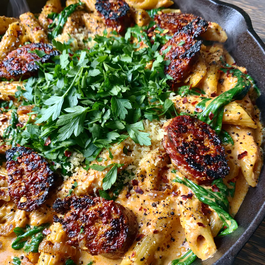 Overhead shot of Cajun smoked sausage alfredo pasta with steam rising and fresh parsley garnish.