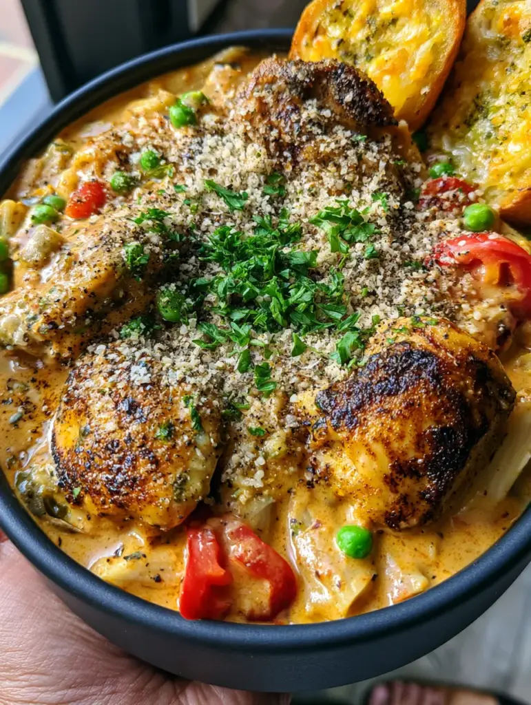 Cajun Chicken Penne Pasta: The Ultimate Creamy, Spicy Comfort Bowl 1 Close-up of the thick orange cream sauce on penne pasta with vibrant green peas and red peppers.