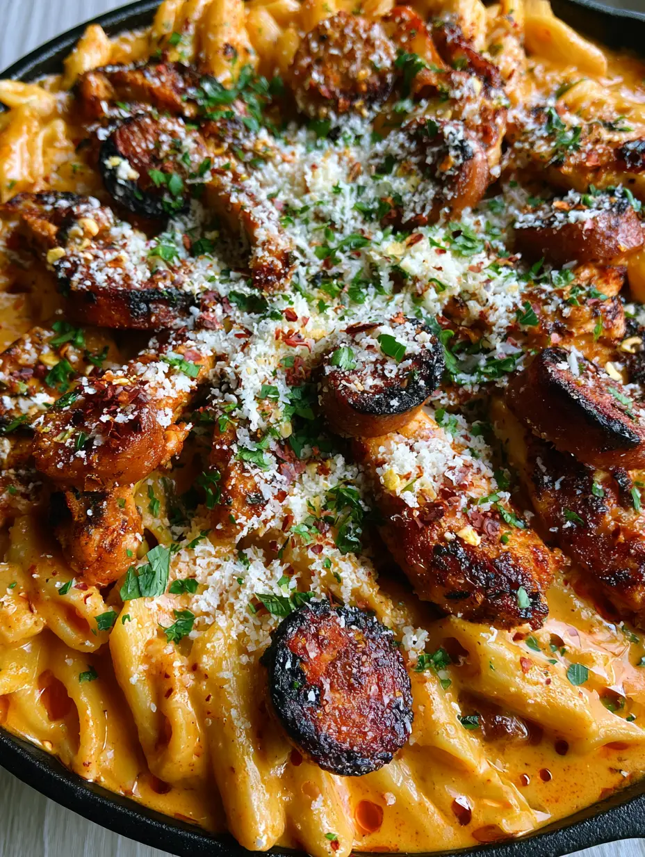 Cajun Sausage and Chicken Pasta: The Ultimate Creamy Cast Iron Skillet Dinner 3 Close up of glossy orange Cajun cream sauce coating penne pasta with blackened chicken and charred andouille sausage.