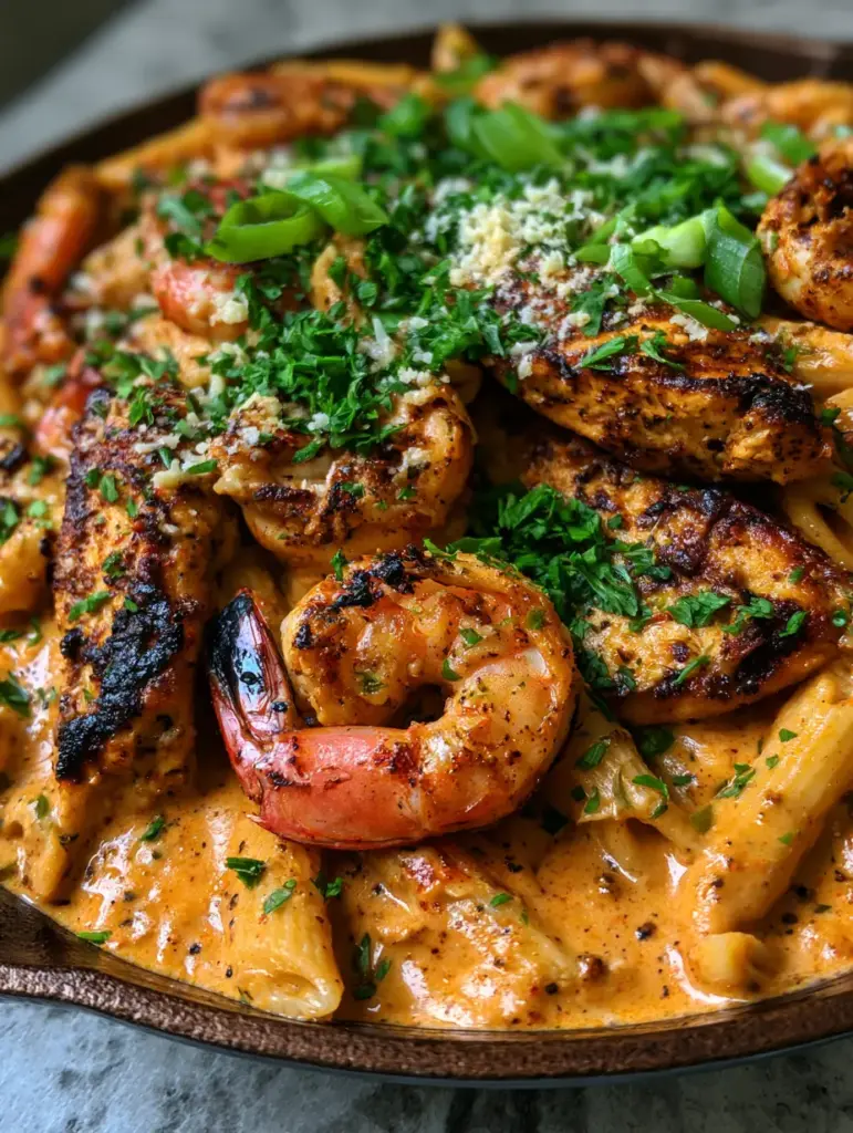 Cajun Chicken and Shrimp Penne: A Creamy Skillet Masterpiece 1 Detailed view of charred chicken breast and jumbo shrimp in a creamy Cajun pasta dish.