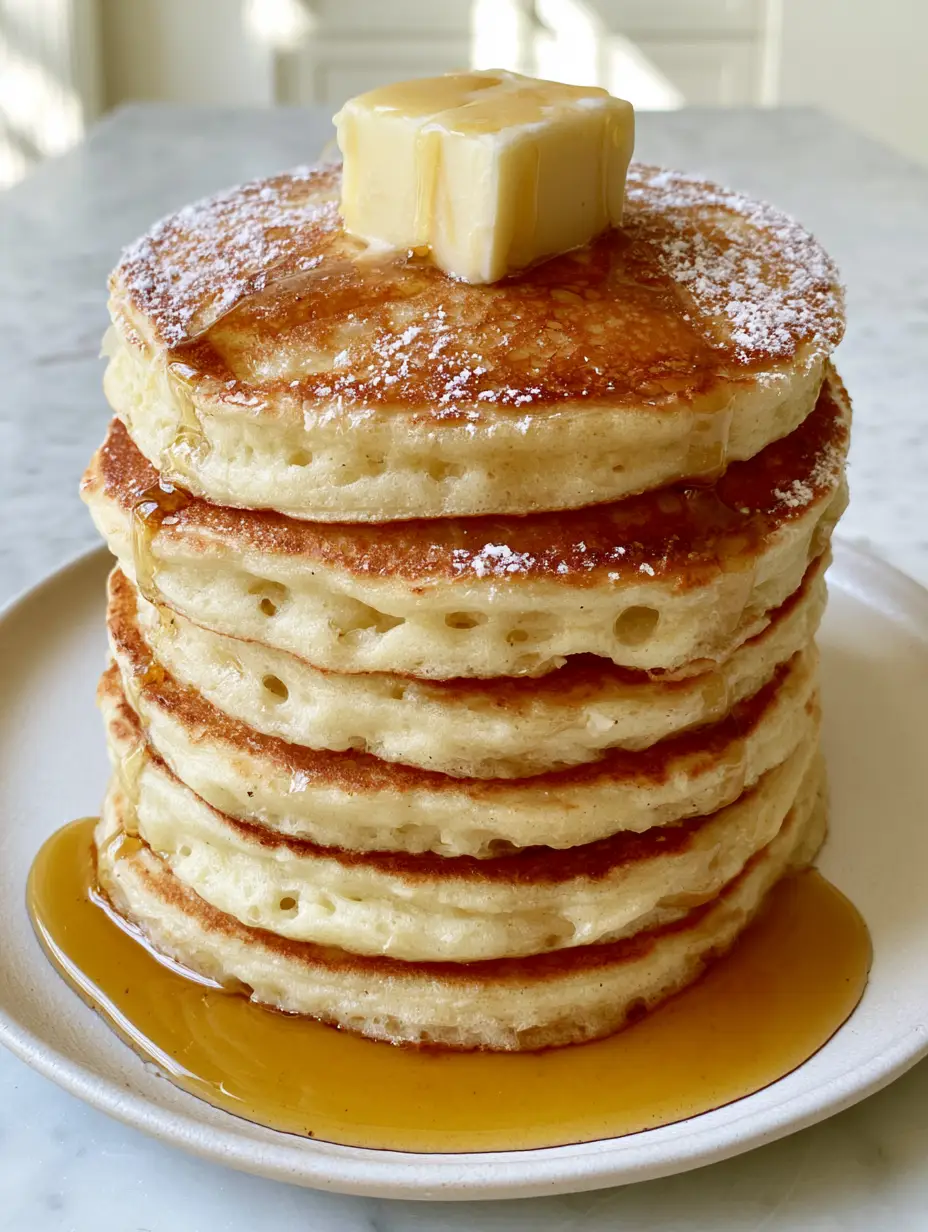 Macro detail of thick buttermilk pancakes showing porous aerated sides and a golden brown seared top. (Fluffy Pancake Recipe)