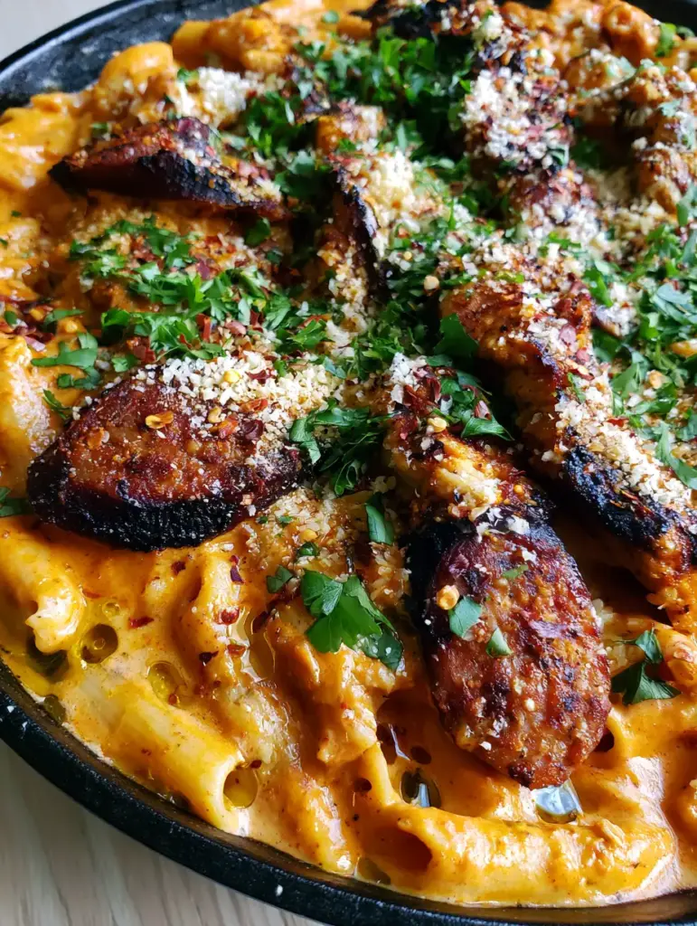 Cajun Sausage and Chicken Pasta: The Ultimate Creamy Cast Iron Skillet Dinner 1 Extreme macro of seared andouille sausage rounds and blackened chicken breast strips over creamy Cajun pasta.