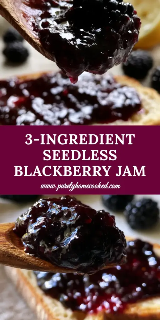 A close-up of thick, obsidian-colored blackberry jam being spread onto toasted sourdough bread with a wooden spoon. (blackberry jam recipe)