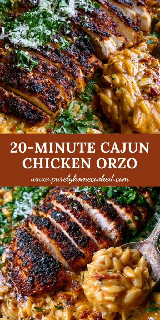Cajun Chicken Alfredo Orzo: The Creamiest One-Skillet Meal You Will Ever Make 4 A top-down photo of Cajun chicken Alfredo orzo in a charcoal skillet with a silver spoon scooping the creamy pasta.