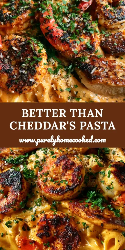 New Orleans Pasta Cheddars copycat: The Ultimate Creamy Cajun Recipe 3 A shallow matte-white ceramic bowl overflowing with creamy New Orleans Pasta Chedders copycat, featuring charred jumbo shrimp and golden-brown chicken in an orange sauce.