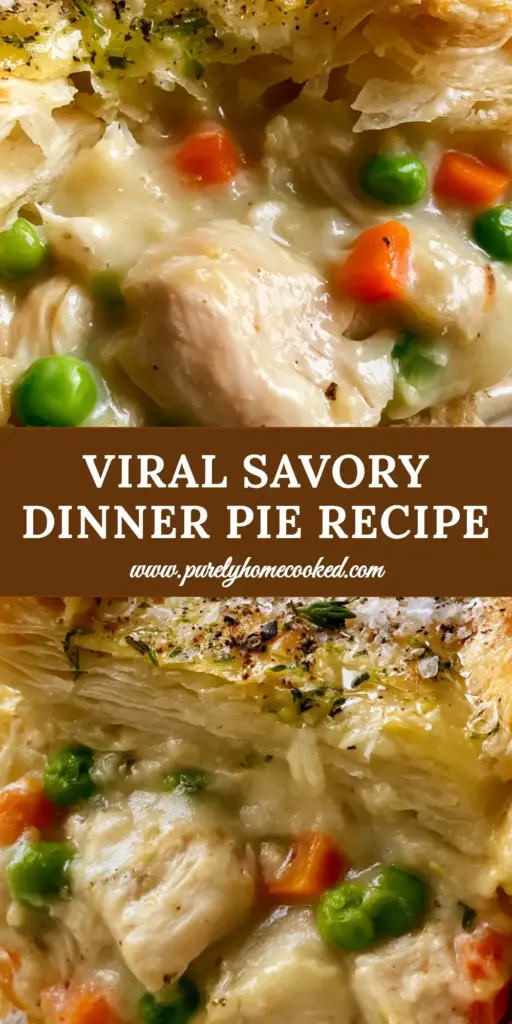 A close-up of a golden flaky chicken pie in a ceramic dish with fresh thyme and sea salt. (pie)