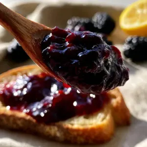 An extreme close-up of a rustic wooden spoon lifting a heavy, thick glob of deep obsidian-purple blackberry jam showing high-gloss sheen. (blackberry jam recipe)