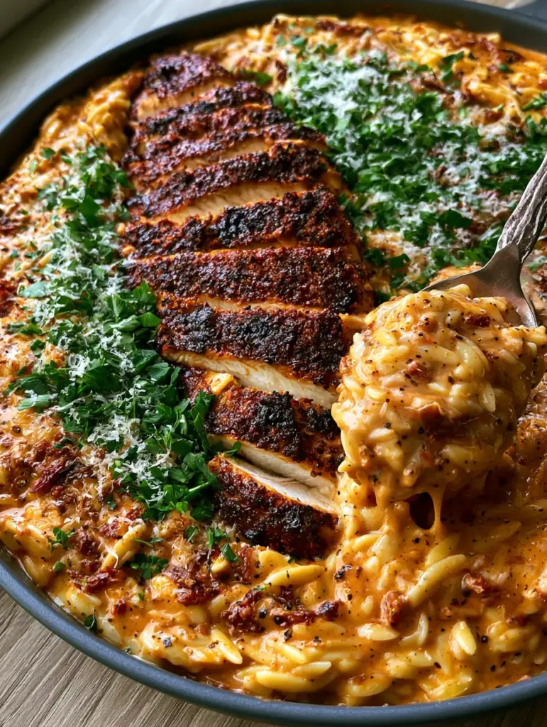 Cajun Chicken Alfredo Orzo: The Creamiest One-Skillet Meal You Will Ever Make 2 A close-up of blackened Cajun chicken strips resting on a bed of creamy orange-hued orzo pasta with parsley. (Cajun chicken Alfredo orzo)