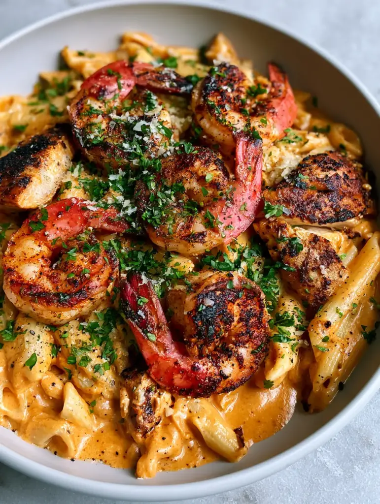New Orleans Pasta Cheddars copycat: The Ultimate Creamy Cajun Recipe 2 Close-up of glossy orange Cajun cream sauce covering penne pasta with charred shrimp. (New Orleans Pasta Cheddars copycat)