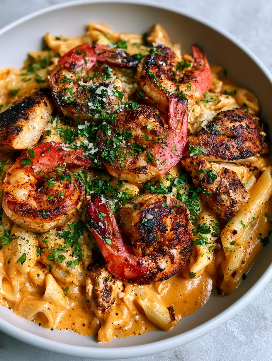 New Orleans Pasta Cheddars copycat: The Ultimate Creamy Cajun Recipe 4 Close-up of glossy orange Cajun cream sauce covering penne pasta with charred shrimp. (New Orleans Pasta Cheddars copycat)