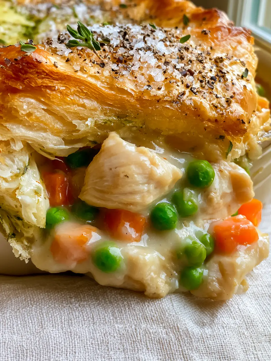 A macro extreme close-up of a thick slice of chicken pie being lifted, showing flaky layers and creamy gravy. (pie)