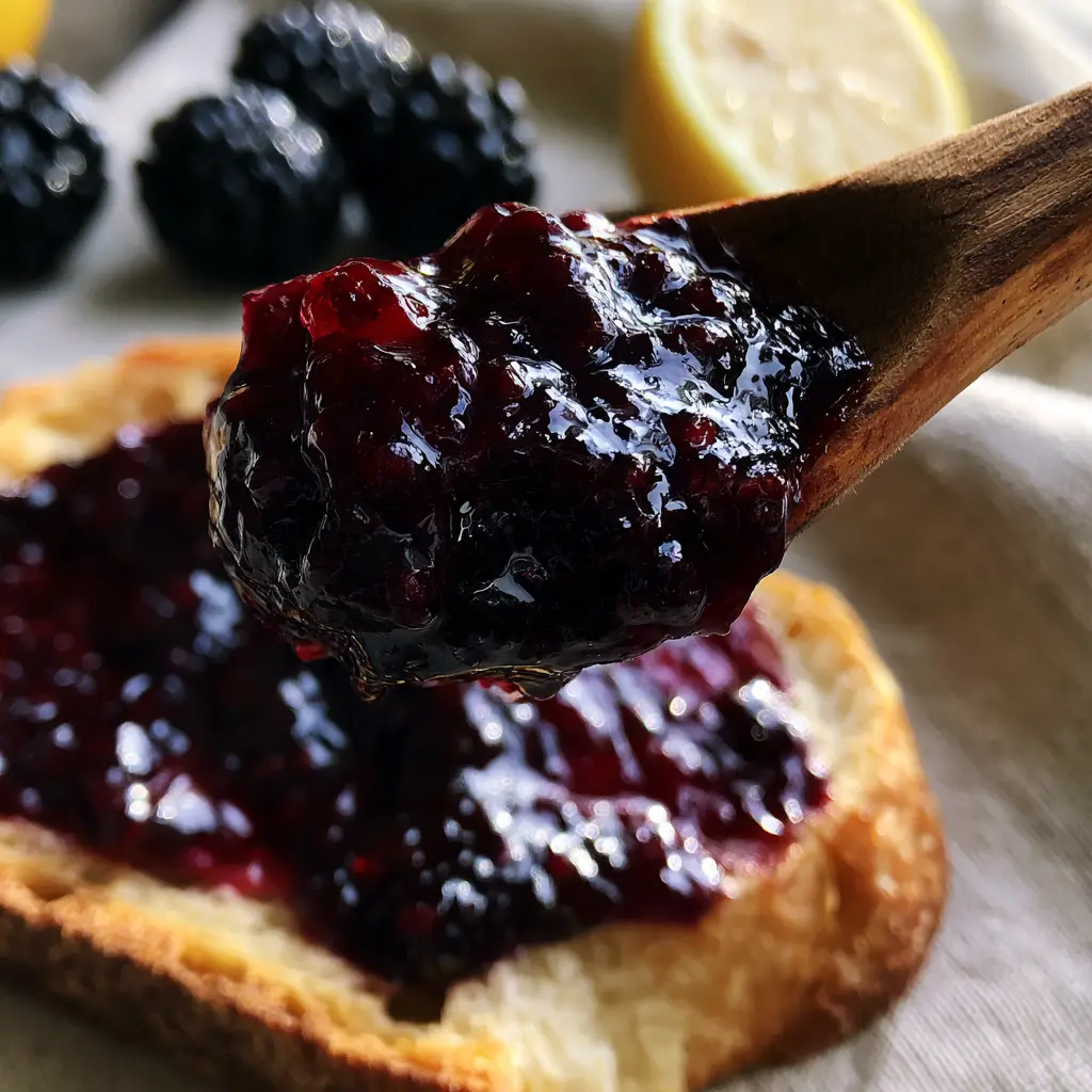 Toasted sourdough bread partially covered in an uneven spread of dark blackberry jam with whole blackberries in the background. (blackberry jam recipe)