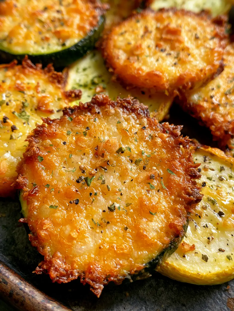 Oven Roasted Zucchini and Squash with Crispy Parmesan Crust 3 Extreme macro close-up of Oven Roasted Zucchini and Squash highlighting the jagged, toasted parmesan cheese peaks and minced garlic bits.