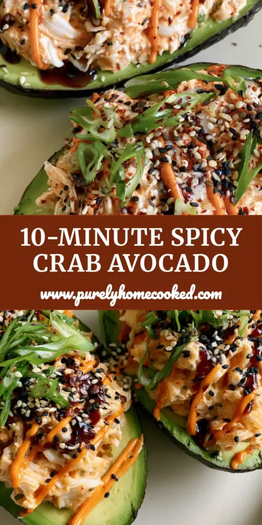 A top-down view of two spicy crab stuffed avocado halves on a cream plate, garnished with sesame seeds and green onions on a marble counter. (spicy crab stuffed avocado)