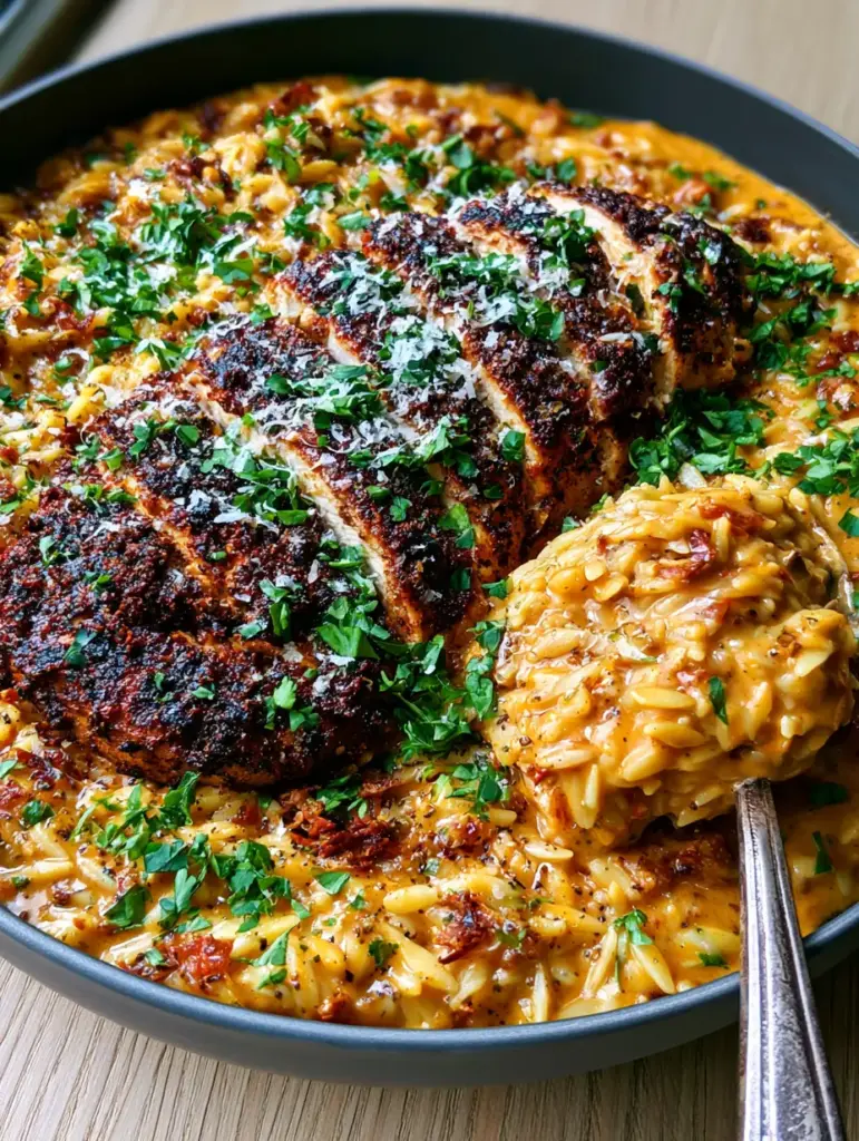 Cajun Chicken Alfredo Orzo: The Creamiest One-Skillet Meal You Will Ever Make 1 A silver spoon lifting a scoop of thick Cajun chicken Alfredo orzo from a grey skillet.