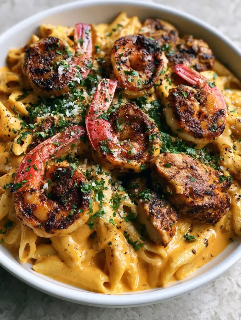 New Orleans Pasta Cheddars copycat: The Ultimate Creamy Cajun Recipe 1 A 45-degree angle shot of New Orleans Pasta in a white bowl with fresh parsley and micro-planed parmesan cheese.