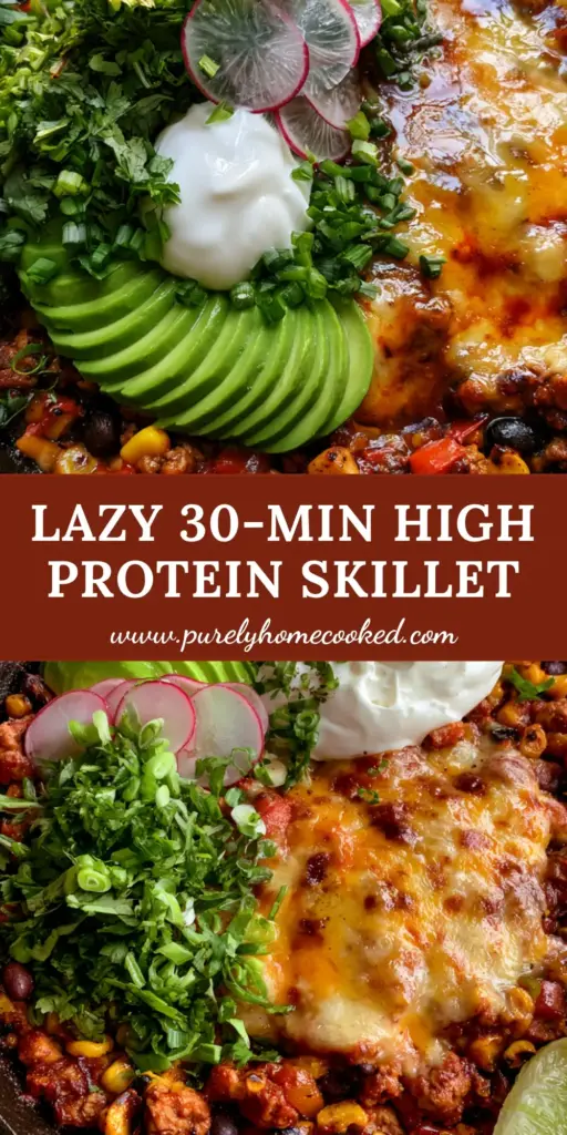 A sizzling cast iron skillet filled with ground turkey, black beans, and charred corn, topped with melted cheese and avocado fans. (high protein high fiber Mexican dinners)