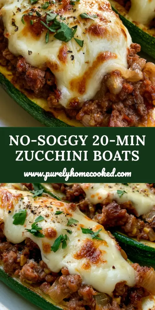 Stuffed Zucchini Boats with Savory Ground Beef and Bubbling Mozzarella 4 A close-up of three Stuffed Zucchini boats on a white platter, featuring browned ground beef, melted mozzarella with golden spots, and fresh parsley garnish.