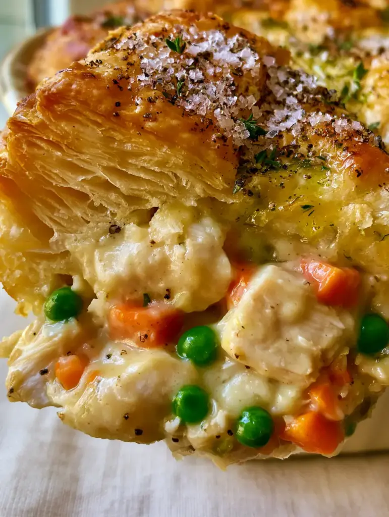 Top view of a golden puff pastry pie crust with egg wash, sea salt, and fresh thyme sprigs. (pie)