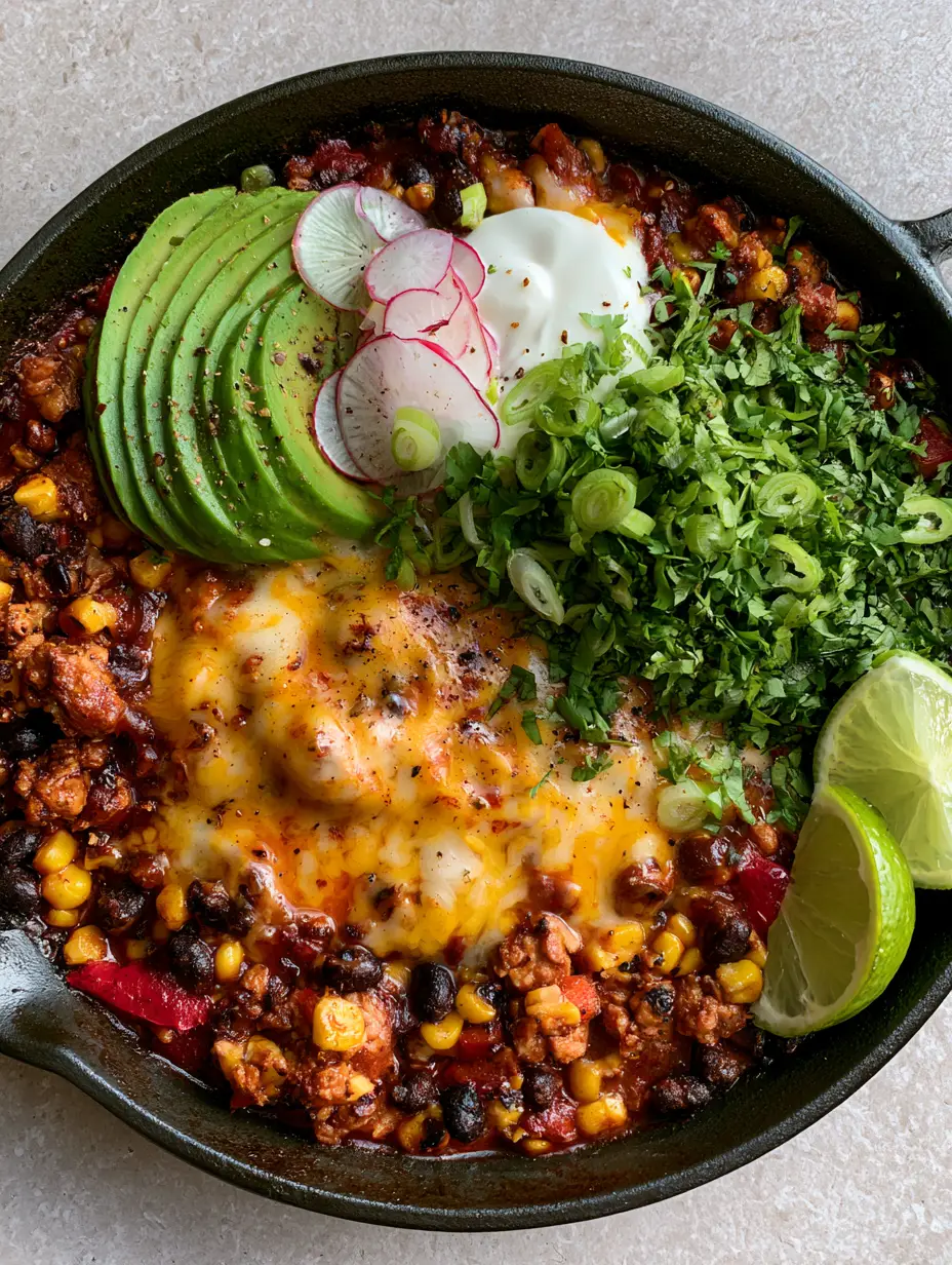 Top-down view of a rustic matte black cast iron skillet featuring seared turkey, bubbling jack cheese, and vibrant sliced radishes. (high protein high fiber Mexican dinners)