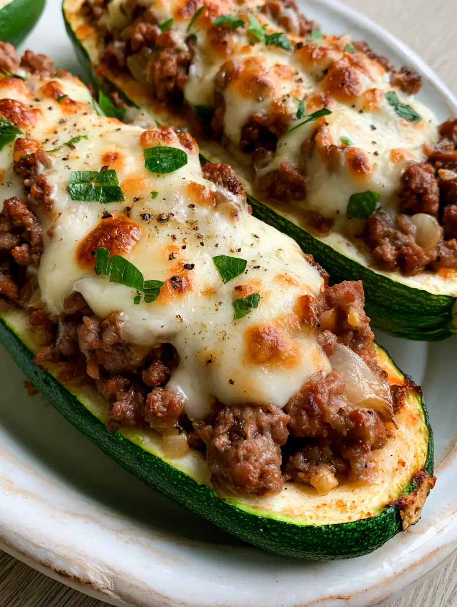 Stuffed Zucchini Boats with Savory Ground Beef and Bubbling Mozzarella 3 Macro shot of Stuffed Zucchini boats showing the emerald green edges, juicy beef filling, and bubbling toasted cheese spots.