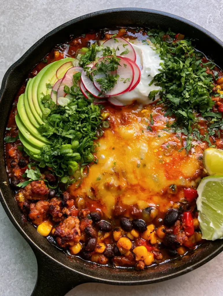 Close-up of a dollop of Greek yogurt and avocado fans atop a steaming Mexican skillet. (high protein high fiber Mexican dinners)