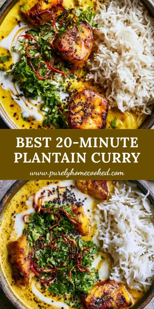Plantain Curry with Pan-Seared Ripe Chunks and Creamy Coconut Gravy 4 A top-down view of a dark rustic bowl containing golden-yellow plantain curry with seared chunks, coconut cream swirl, and red chili threads next to white rice. (plantain curry)