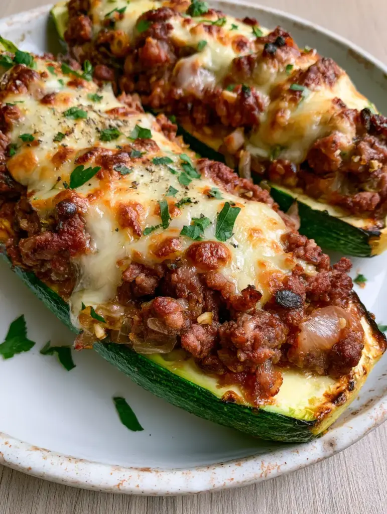 Stuffed Zucchini Boats with Savory Ground Beef and Bubbling Mozzarella 1 Eye-level view of three zucchini boats stuffed with beef and onions, topped with melted mozzarella and cracked black pepper.