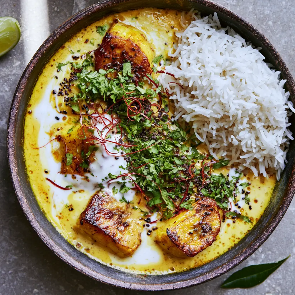 Plantain Curry with Pan-Seared Ripe Chunks and Creamy Coconut Gravy 2 Close up of pan-seared ripe plantain chunks in a thick turmeric-stained coconut sauce with simmer bubbles. (plantain curry)