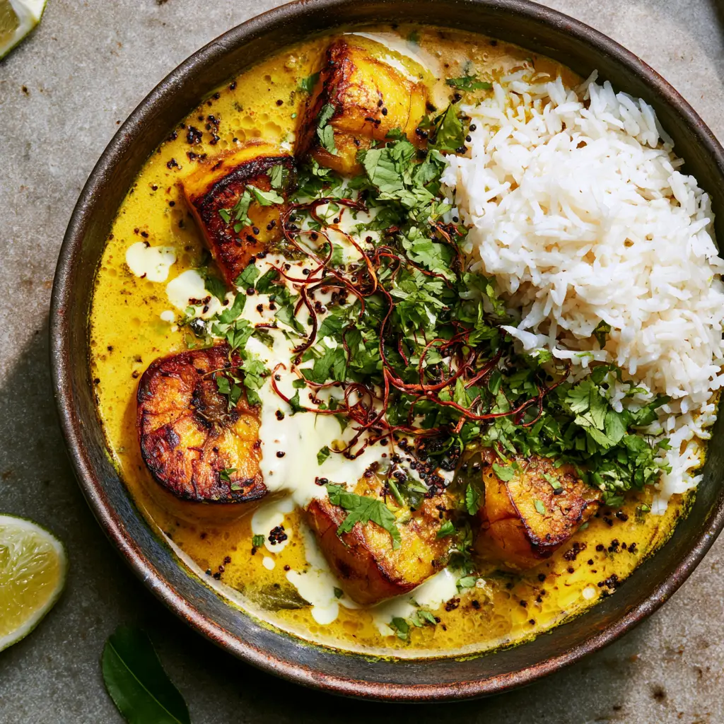 Plantain Curry with Pan-Seared Ripe Chunks and Creamy Coconut Gravy 1 A top-down angled shot of a vibrant yellow plantain curry garnished with cilantro, red chili curls, and toasted mustard seeds beside fluffy basmati rice.