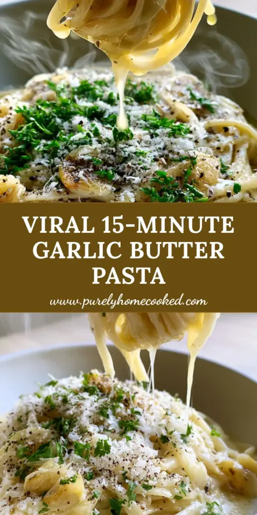 A silver fork holding a swirl of Garlic Butter Pasta with golden toasted garlic and snowy parmesan cheese over a white bowl.