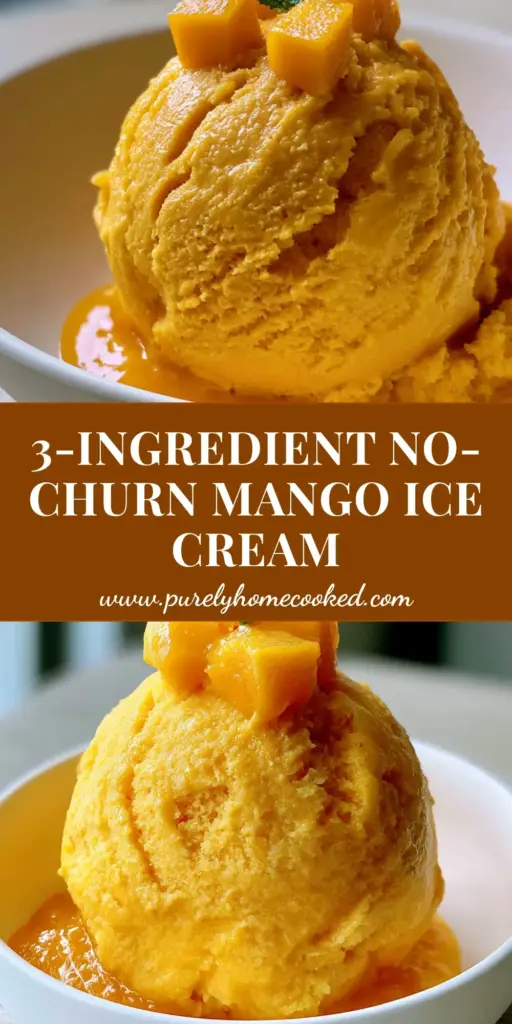 Mango Ice Cream: The Ultimate No-Churn Creamy Tropical Dessert 4 A close-up vertical shot of a vibrant golden-orange scoop of mango ice cream in a white bowl, garnished with mango cubes and mint. (mango ice cream)
