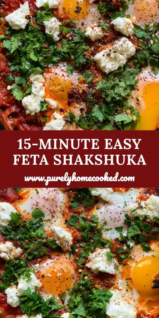 Shakshuka Recipe: The Ultimate One-Pan Mediterranean Breakfast with Jammy Yolks 4 Overhead view of a bubbling shakshuka recipe in a black cast iron skillet with jammy poached eggs, crumbled feta, and fresh herbs.