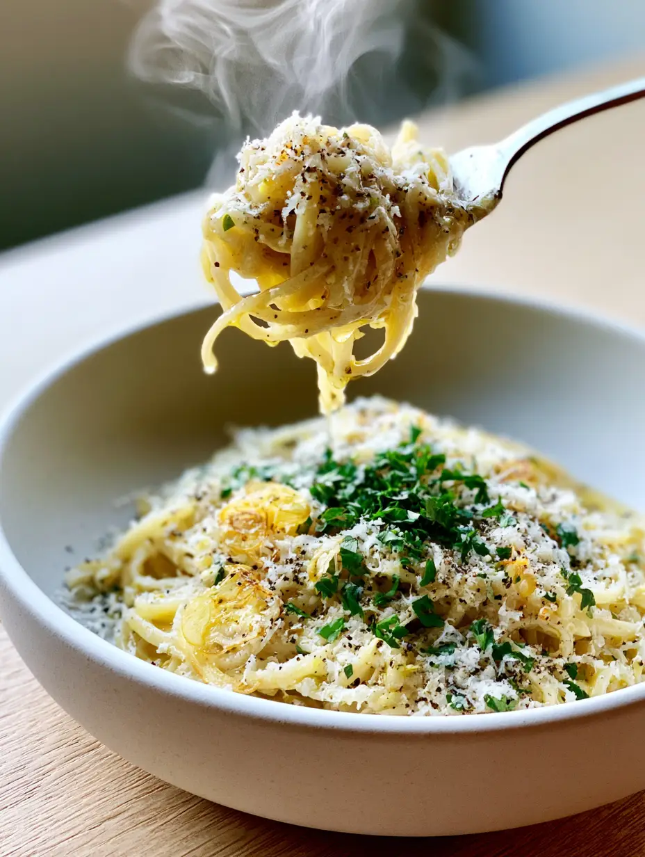 Overhead smartphone photo of Garlic Butter Pasta in a matte white bowl with steam rising and emerald parsley.