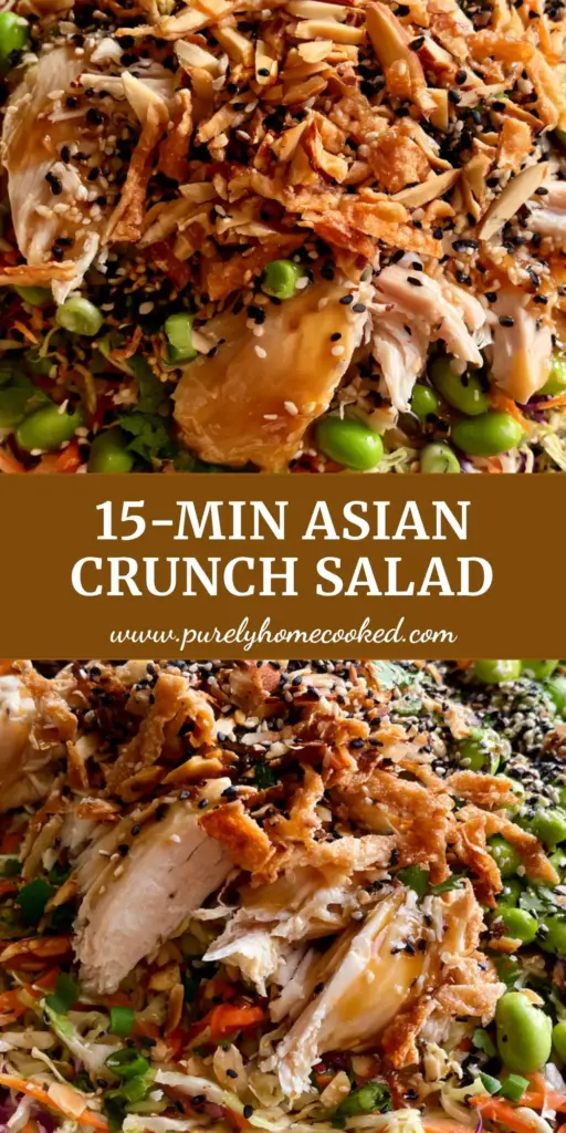 Asian Crunch Chicken Salad with Honey Ginger Vinaigrette 4 A top-down extreme close-up of an Asian crunch chicken salad in a cream bowl, featuring shredded cabbage, golden wontons, and moist chicken glistening with ginger dressing.