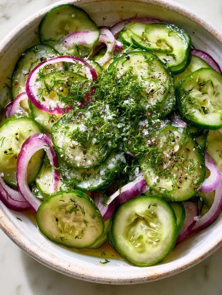 A glistening cucumber onion salad topped with neon-green dill and coarse sea salt flakes.