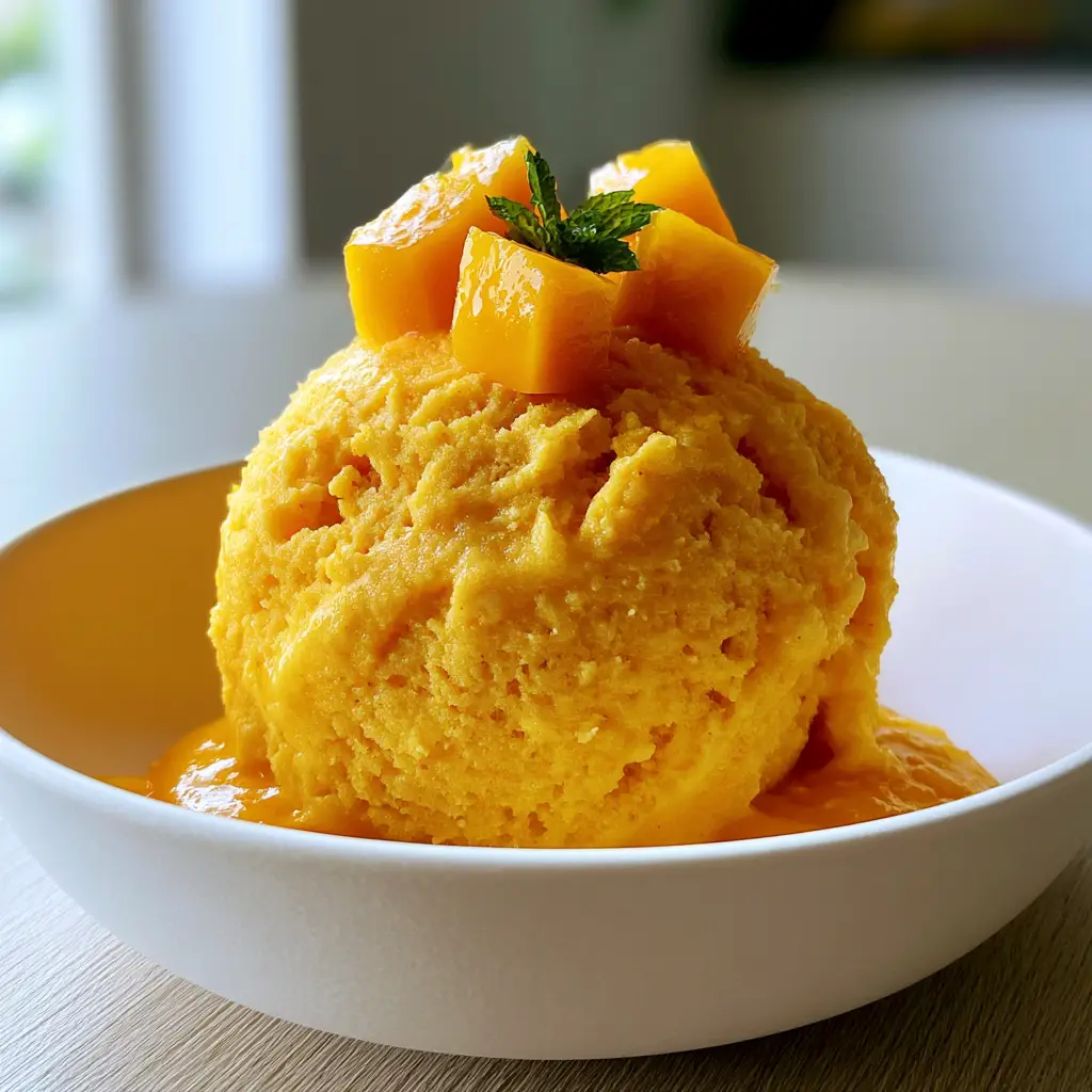 Mango Ice Cream: The Ultimate No-Churn Creamy Tropical Dessert 2 Macro photo of a single large scoop of mango ice cream showing dense texture and scoop-drag marks. (mango ice cream)