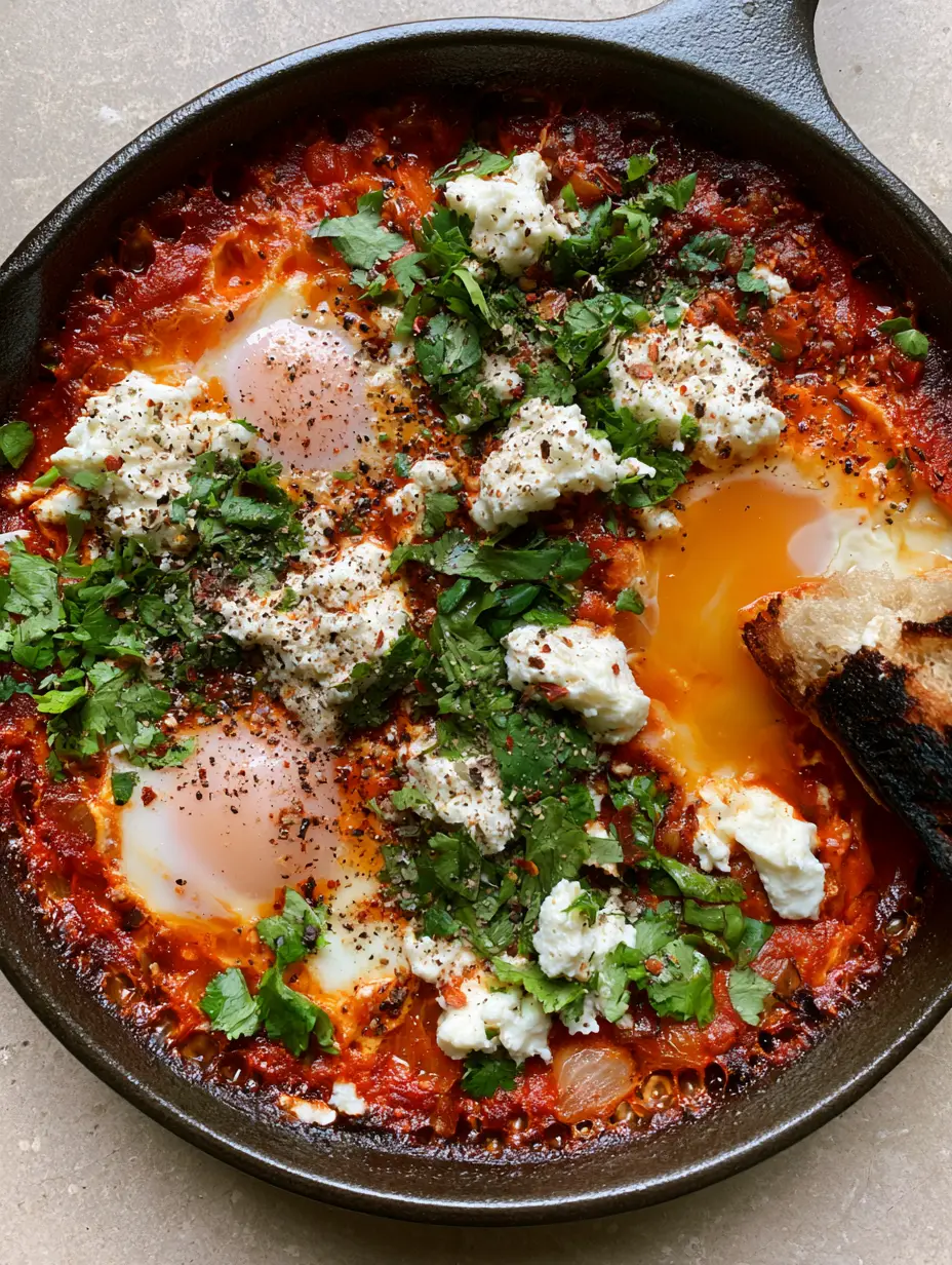 Shakshuka Recipe: The Ultimate One-Pan Mediterranean Breakfast with Jammy Yolks 3 Close-up of a bubbling shakshuka recipe showing deep crimson tomato sauce, softened red bell peppers, and golden liquid yolks.