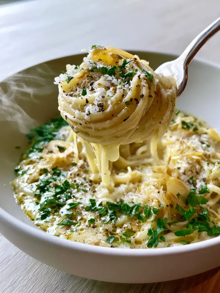 Close-up of translucent toasted garlic slivers on strands of buttery linguine pasta.