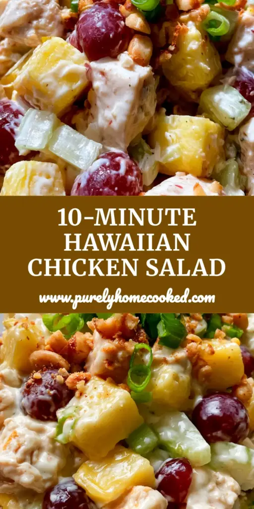 A vibrant Hawaiian chicken salad served in a hollowed-out pineapple boat with toasted macadamia nuts and grapes.