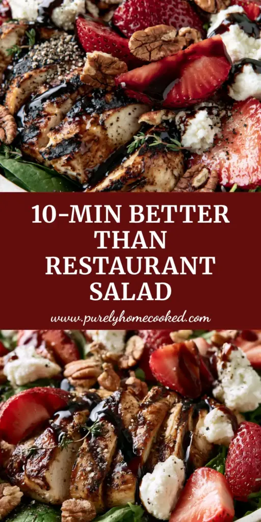 Strawberry Balsamic Chicken Salad with Goat Cheese and Toasted Pecans 4 A top-down hero shot of a strawberry balsamic chicken salad with glistening pan-seared chicken, ruby strawberries, and thick mahogany glaze in a rustic bowl.
