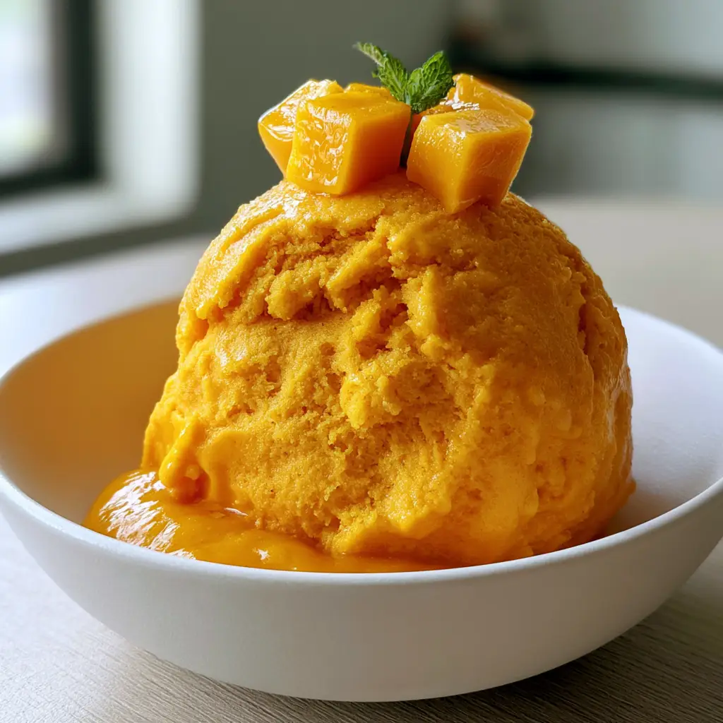 Mango Ice Cream: The Ultimate No-Churn Creamy Tropical Dessert 1 A side-lit photo of mango ice cream in a matte white bowl on an oak table with a mango puree drizzle.