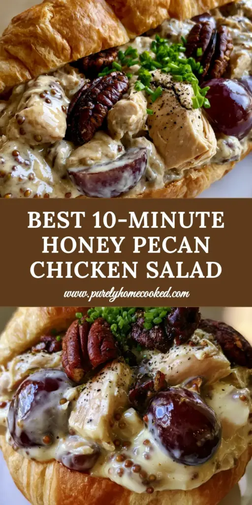 Honey Pecan Chicken Salad: The Ultimate Creamy Croissant Sandwich 4 A high-angle macro shot of Honey Pecan Chicken Salad inside a flaky golden croissant, featuring large chicken chunks, purple grapes, and toasted pecans.