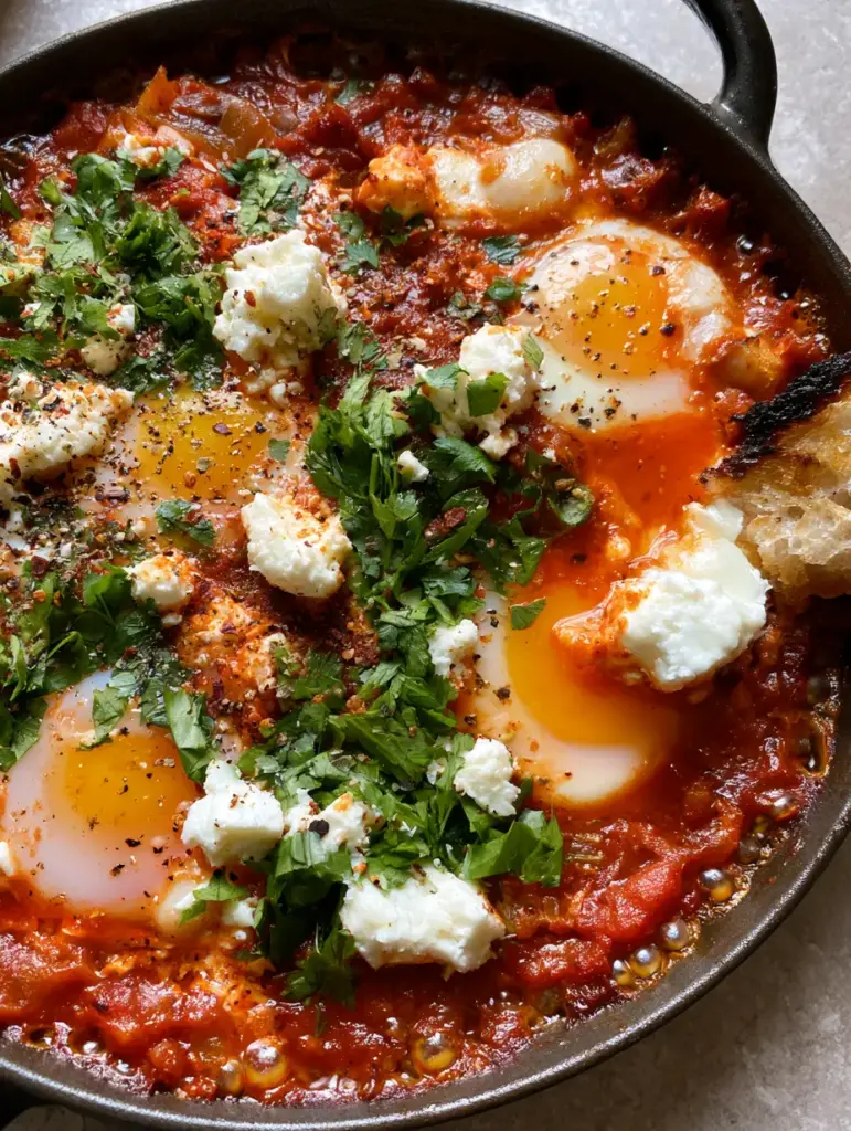 Shakshuka Recipe: The Ultimate One-Pan Mediterranean Breakfast with Jammy Yolks 1 Sourdough bread dipped into a jammy egg yolk in a rustic shakshuka recipe skillet.