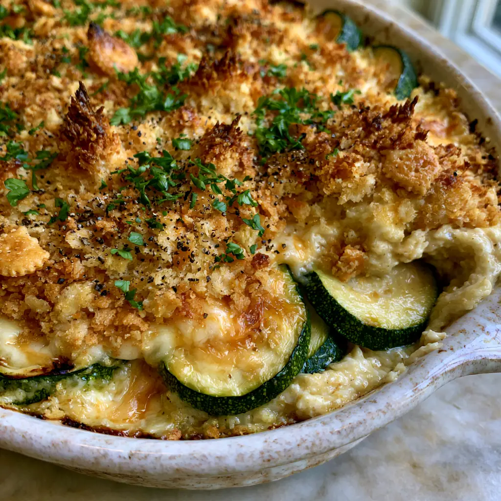 Zucchini Casserole with Buttery Ritz Cracker Crust and Sharp Cheddar 1 A scoop of zucchini casserole revealed, showing the thick, non-watery cream sauce and vibrant green zucchini.