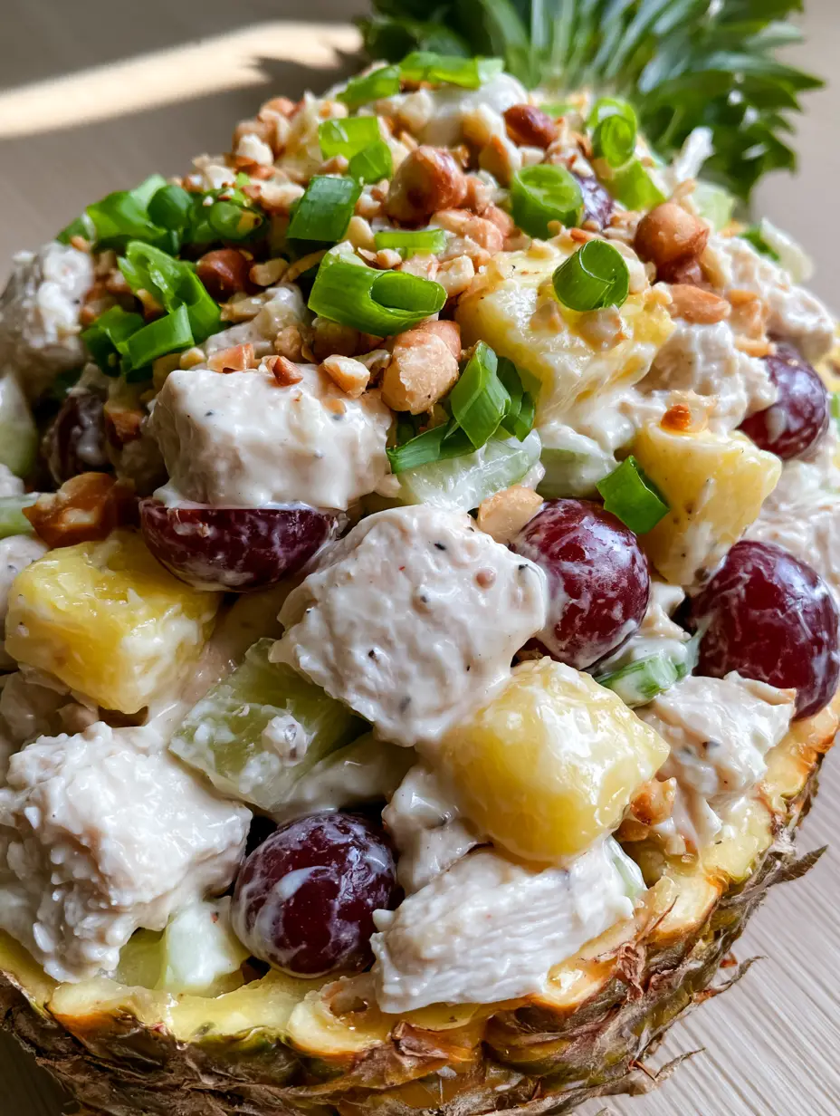Ultra-realistic smartphone photo of Hawaiian chicken salad with glossy white dressing and purple grapes.