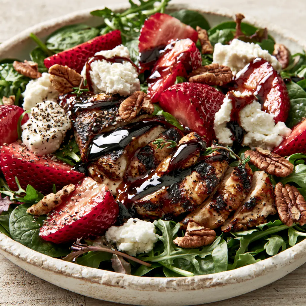 Strawberry Balsamic Chicken Salad with Goat Cheese and Toasted Pecans 2 Close-up of pan-seared chicken with deep char marks on a bed of arugula and spinach. (strawberry balsamic chicken salad)