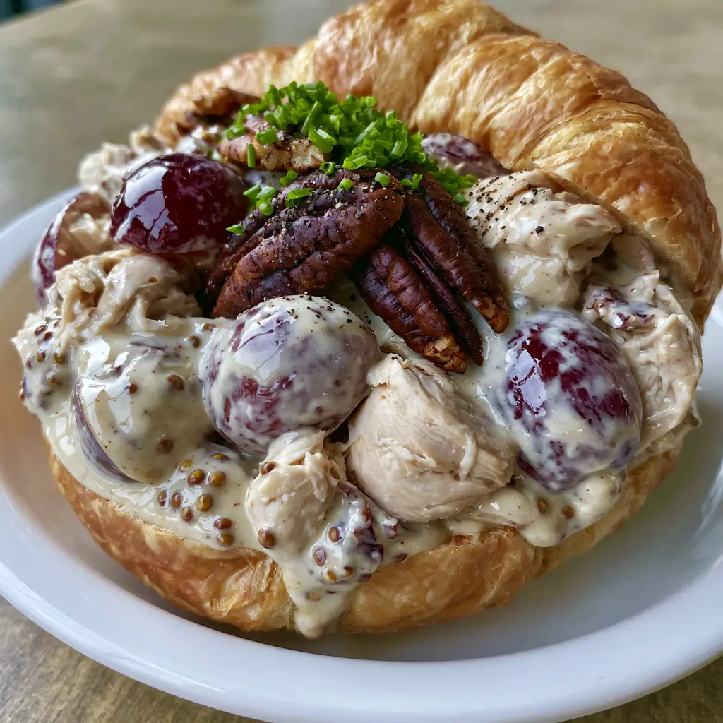 Honey Pecan Chicken Salad: The Ultimate Creamy Croissant Sandwich 2 Macro view of Honey Pecan Chicken Salad showing the glossy honey-mustard dressing with visible whole mustard seeds and fresh chives.