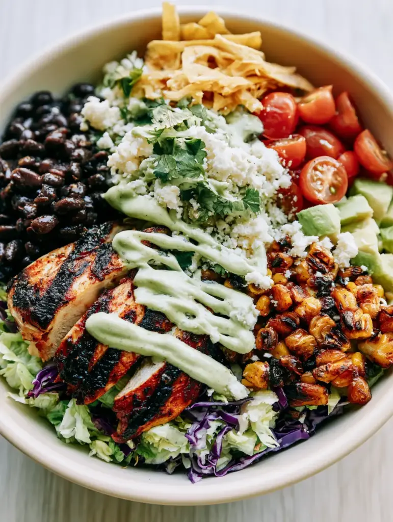 Southwest Chicken Chopped Salad: The Ultimate Bold and Crunchy Recipe 1 A shallow depth of field shot showing the zig-zag pattern of pale-green cilantro lime dressing on a Southwest Chicken Chopped Salad.